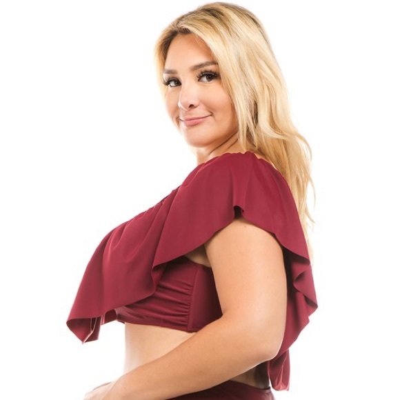 Plus Burgundy Ruffled Top Lattice Swimsuit - Picture 3 of 5